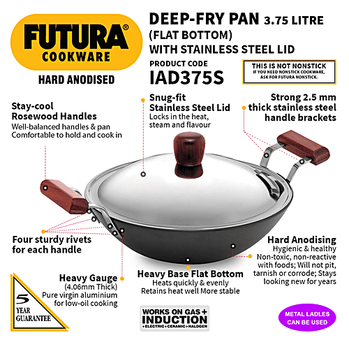 Hawkins Futura Hard Anodised Aluminium Deep Fry Pan/Kadhai - Flat Bottom Induction Base, 30 cm, 4.06 mm, Steel Lid, IAD375S, 3.75 l  