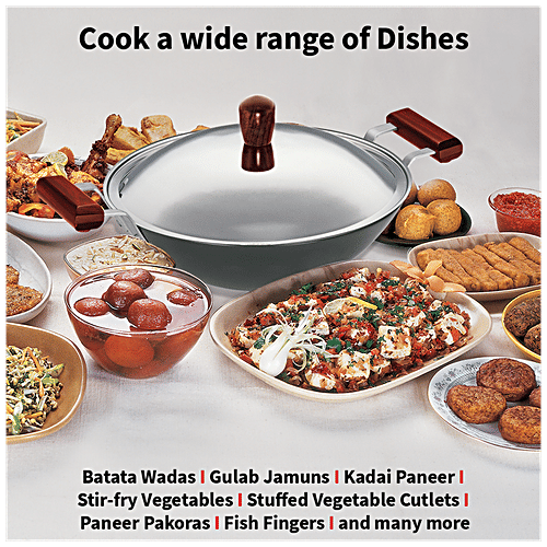 Hawkins Futura Hard Anodised Aluminium Deep Fry Pan/Kadhai - Flat Bottom Induction Base, 30 cm, 4.06 mm, Steel Lid, IAD375S, 3.75 l  