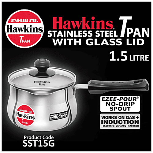 Hawkins Stainless Steel Tpan/Sauce Pan With Glass Lid - Induction Base, Ezee-Pour,16 cm,4.7 mm, Plastic Handle, SST15G, 1.5 l Heat Resistant Glass