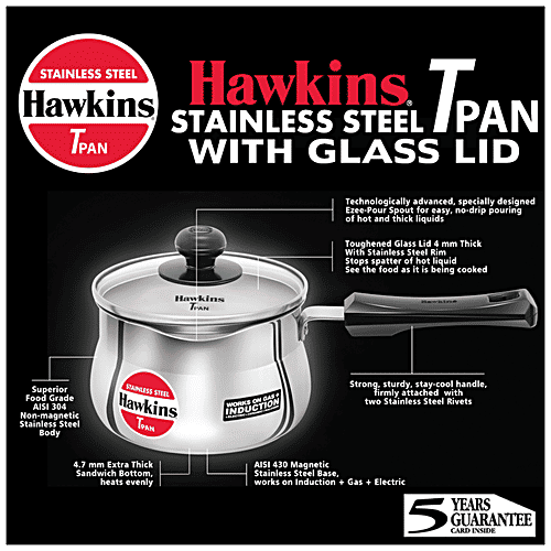 Hawkins Stainless Steel Tpan/Sauce Pan With Glass Lid - Induction Base, Ezee-Pour,16 cm,4.7 mm, Plastic Handle, SST15G, 1.5 l Heat Resistant Glass