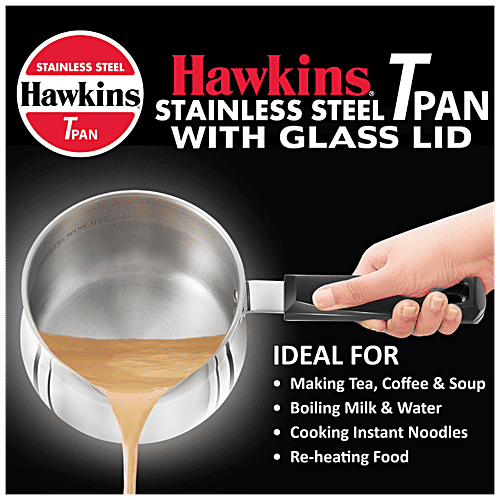 Hawkins Stainless Steel Tpan/Sauce Pan With Glass Lid - Induction Base, Ezee-Pour,16 cm,4.7 mm, Plastic Handle, SST15G, 1.5 l Heat Resistant Glass