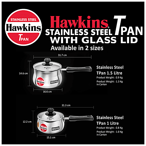 Hawkins Stainless Steel Tpan/Sauce Pan With Glass Lid - Induction Base, Ezee-Pour,16 cm,4.7 mm, Plastic Handle, SST15G, 1.5 l Heat Resistant Glass