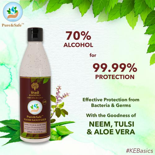 Khadi Essentials Pure & Safe Hand Sanitizer - Neem, Tulsi & Aloe Vera, Alcohol Based, Protection from 99.99% Germs & Bacteria, 330 ml Bottle 