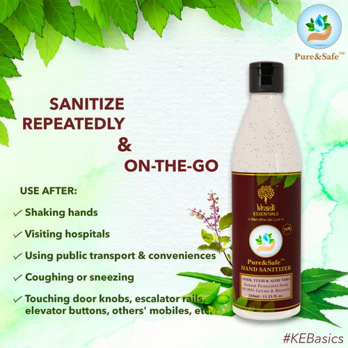 Khadi Essentials Pure & Safe Hand Sanitizer - Neem, Tulsi & Aloe Vera, Alcohol Based, Protection from 99.99% Germs & Bacteria, 330 ml Bottle 