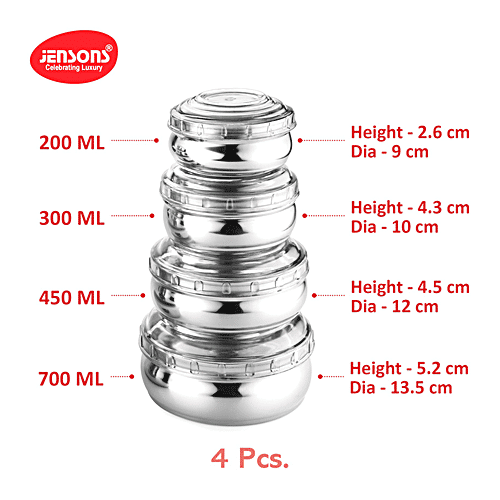 Jensons Steel Belly Shape Storage Dabba/ Container Set With PP Lid - Silver & White, 4 pcs (200ml + 300ml + 450ml + 750ml) Durable, Dishwasher Safe & Rust Free