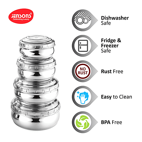 Jensons Steel Belly Shape Storage Dabba/ Container Set With PP Lid - Silver & White, 4 pcs (200ml + 300ml + 450ml + 750ml) Durable, Dishwasher Safe & Rust Free