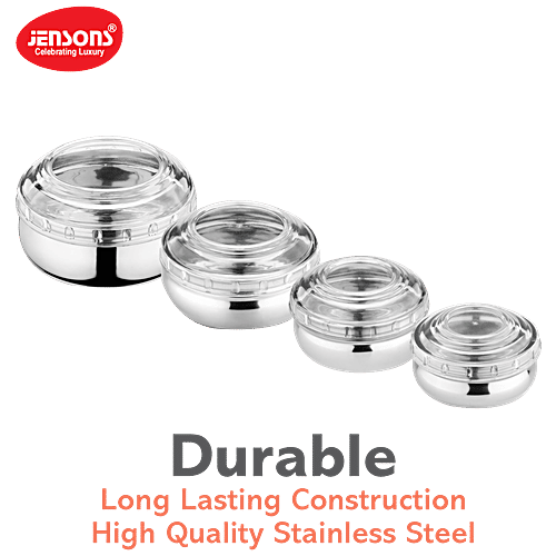 Jensons Steel Belly Shape Storage Dabba/ Container Set With PP Lid - Silver & White, 4 pcs (200ml + 300ml + 450ml + 750ml) Durable, Dishwasher Safe & Rust Free