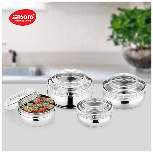 Jensons Steel Belly Shape Storage Dabba/ Container Set With PP Lid - Silver & White, 4 pcs (200ml + 300ml + 450ml + 750ml) Durable, Dishwasher Safe & Rust Free