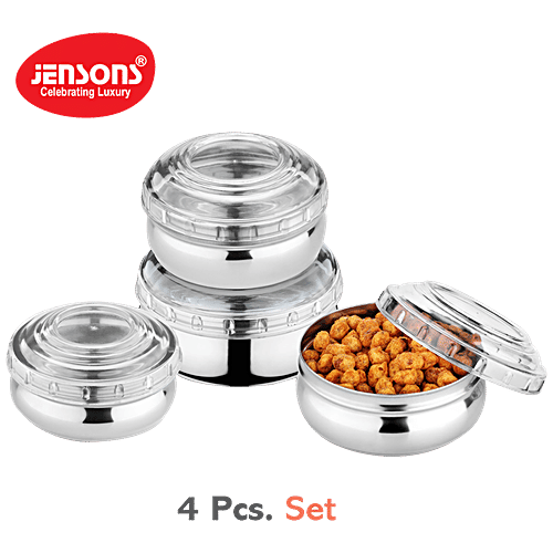 Jensons Steel Belly Shape Storage Dabba/ Container Set With PP Lid - Silver & White, 4 pcs (200ml + 300ml + 450ml + 750ml) Durable, Dishwasher Safe & Rust Free