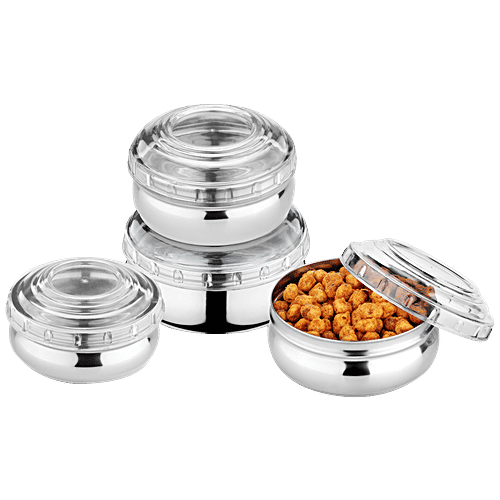Jensons Steel Belly Shape Storage Dabba/ Container Set With PP Lid - Silver & White, 4 pcs (200ml + 300ml + 450ml + 750ml) Durable, Dishwasher Safe & Rust Free