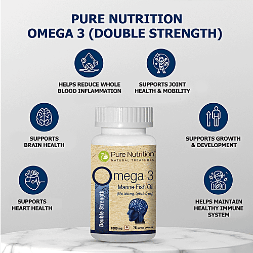 Pure Nutrition Omega 3 Double Strength Marine Fish Oil Capsules For Brain, Heart & Eye Health, 60 pcs  