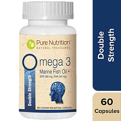 Pure Nutrition Omega 3 Double Strength Marine Fish Oil Capsules For Brain, Heart & Eye Health, 60 pcs  