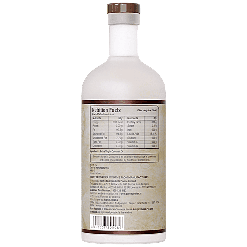 Pure Nutrition  Pure Nutrition Raw Cold Pressed Virgin Coconut Oil For Hair, Skin, Massage & Edible (Glass Bottle), 500 ml Glass Bottle Rich in MCT