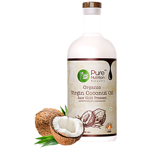 Pure Nutrition  Pure Nutrition Raw Cold Pressed Virgin Coconut Oil For Hair, Skin, Massage & Edible (Glass Bottle), 500 ml Glass Bottle Rich in MCT