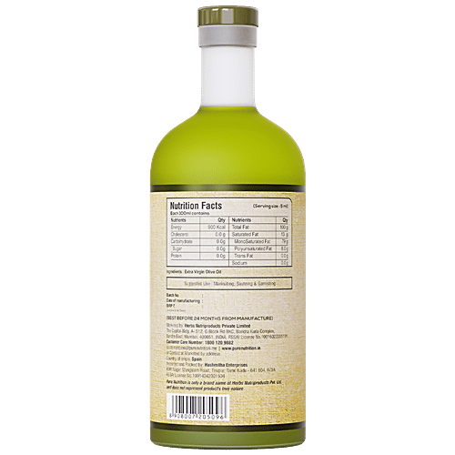 Pure Nutrition  Pure Nutrition Raw Cold Pressed Virgin Olive Oil, Moisturizer for Skin & Hair, Ideal for Dressing & Garnishing  (Glass Bottle), 500 ml Glass Bottle Richness of Antioxidants
