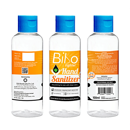 Bibo Fighter Hand Sanitizer - Aloe Vera, Alcohol Based, Kills 99.9% Germs, Self-Drying Gel, 100 ml