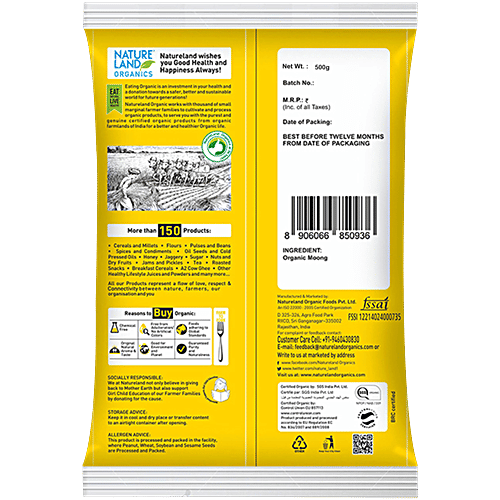 Natureland Organics Moong Split - Washed, 500 g Pouch Chemical Free, No Artificial Colours