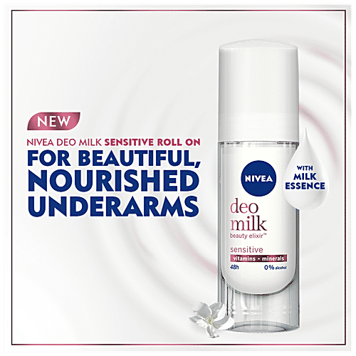 Nivea Deo Milk Elixir Women Deodorant Roll On - Sensitive Skin, 40 ml 48h Odour Protection, 0% Alcohol