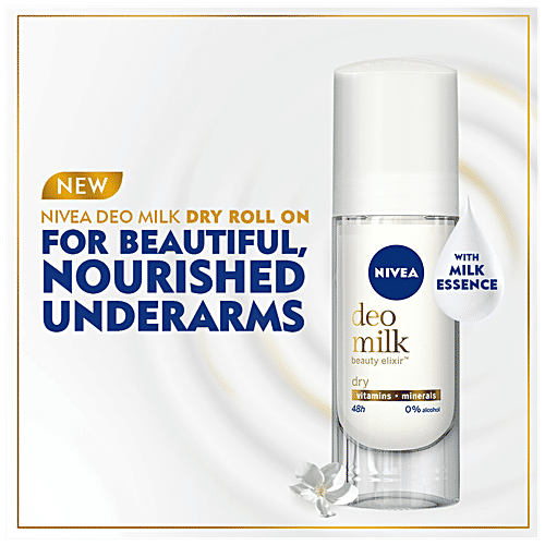 Nivea Deo Milk Elixir Women Deodorant Roll On - Dry Skin, 40 ml 48h Odour Protection, 0% Alcohol