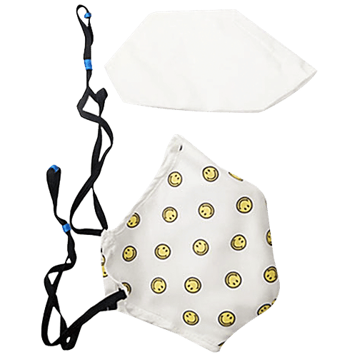 Smiley-Quick Dry Anti Viral Face Mask With 2 Filters - White With Smiley Print, 1 pc  