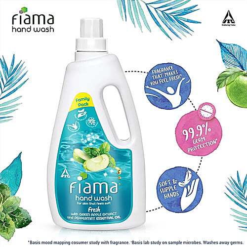 Fiama Fresh Hand Wash - Peppermint & Green Apple, 1 L Bottle 99.9% Germ Protection