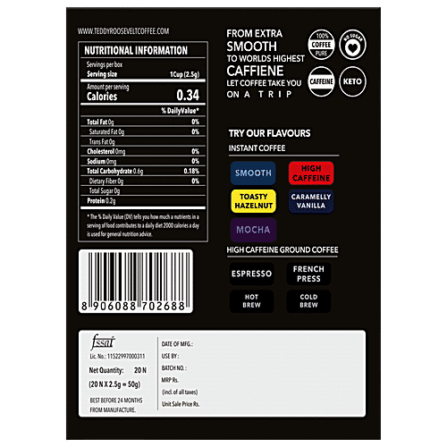 Teddy Roosevelt High Caffeine Instant Coffee Powder - Added Vitamins, 50 g (20 Sachets x 2.5 g Each) 