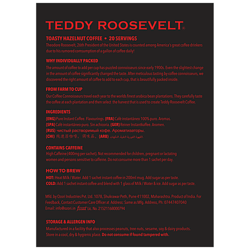 Teddy Roosevelt High Caffeine Instant Coffee Powder - Added Vitamins, 50 g (20 Sachets x 2.5 g Each) 