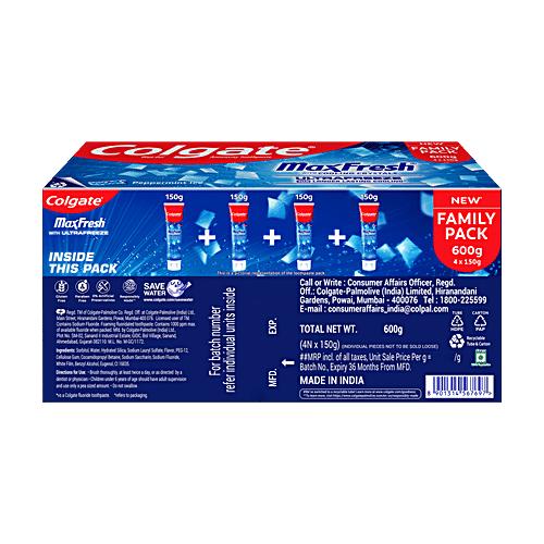 Colgate MaxFresh Toothpaste - Blue Gel With Menthol For Super Fresh Breath, Peppermint Ice, 600 g (4x150 g) 10X Longer Lasting Cooling, Blue Gel Paste with Menthol for Super Fresh Breath