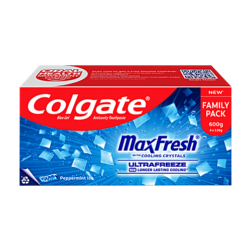 Colgate MaxFresh Toothpaste - Blue Gel With Menthol For Super Fresh Breath, Peppermint Ice, 600 g (4x150 g) 10X Longer Lasting Cooling, Blue Gel Paste with Menthol for Super Fresh Breath