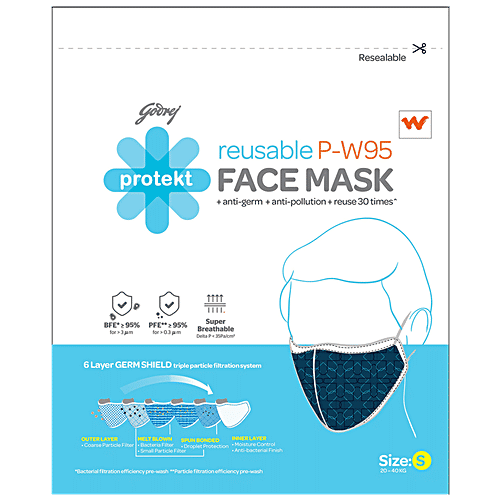 Godrej Protekt Face Mask - Protekt P-W95 Reusable, 6 Layer Germ Shield, Small, Navy Blue, 1 pc  Reusable