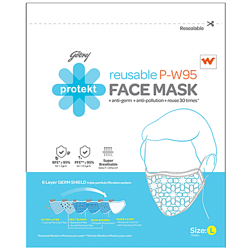 Godrej Protekt Face Mask - Protekt P-W95 Reusable, 6 Layer Germ Shield, Large, White, 1 pc Reusable