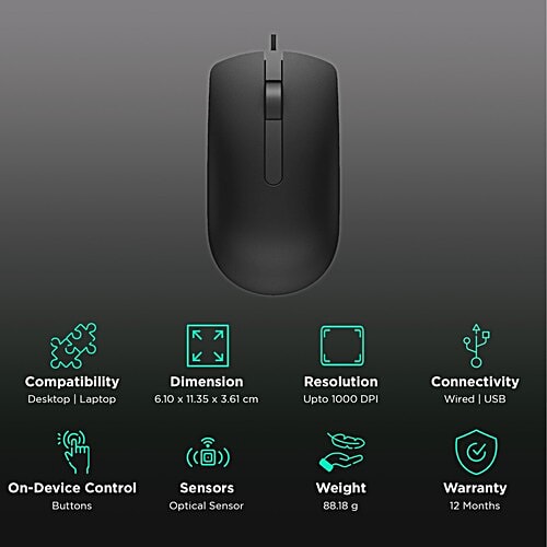Dell DELL MS116 Wired Performance Mouse (1000 DPI, Contemporary Aesthetic, Black), 1 Unit  