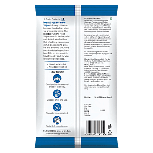 KeepSafe by Marico Hygiene Hand Wipes - Aloe Vera, Non Alcohol, Skin-Friendly, 30 pcs  