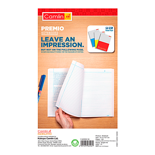 Camlin Long Soft Cover Single Line Design Notebook - 120 Pages, 1 pc  