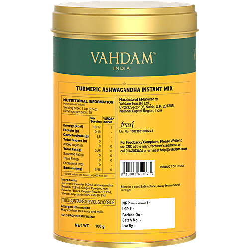 Vahdam Turmeric Ashwagandha Instant Mix, 100 g  40 Servings, Caffeine Free,  Non GMO, Gluten Free, Brew Hot/Iced Tea