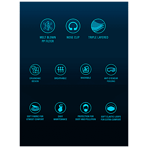 Peter England Face Mask, 3 Ply With Nose Clip - Assorted Colour/Design, 2069N, 14.5 X 10.5 cm (Pack of 3) Washable