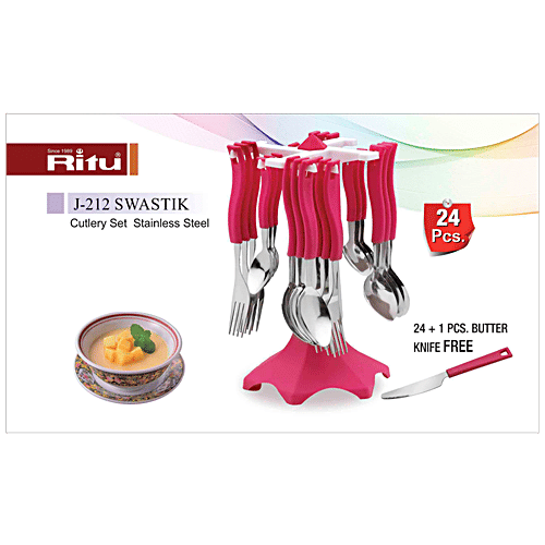 Ritu Cutlery Set Stainless Steel With Free Butter Knife - Red, 24 pcs  