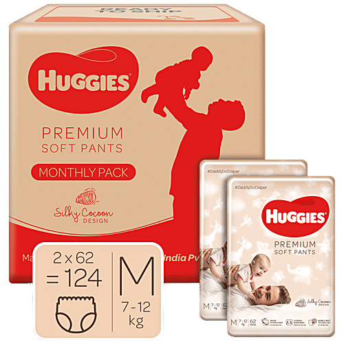 Huggies Premium Soft Diaper Pants - Monthly Pack, Medium, Silky Cocoon Design, Wetness Indicator, 124 pcs  