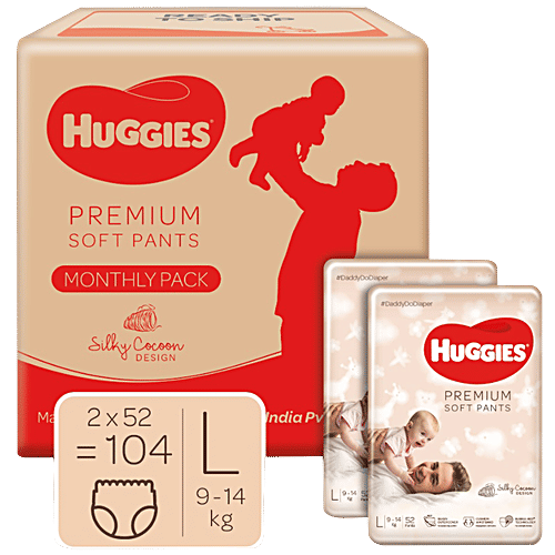 Huggies Premium Soft Diaper Pants - Monthly Pack, Large, Silky Cocoon Design, Wetness Indicator, 104 pcs