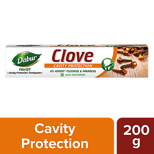 Dabur Herb'l Clove Toothpaste - Cavity Protection, Flouride Free, 200 g  0% Added Fluoride & Parabens