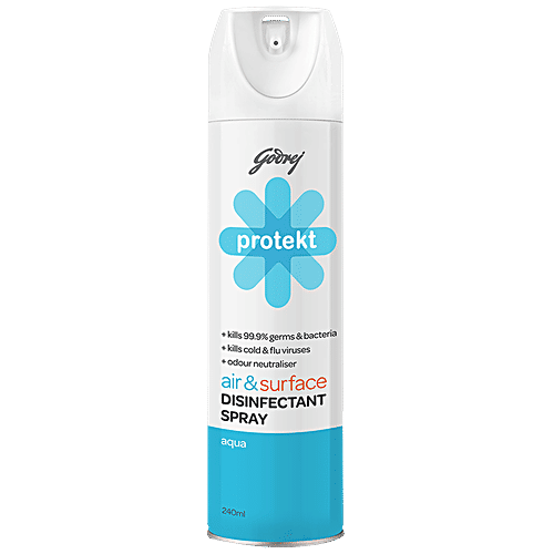 Godrej Protekt Disinfectant Spray - Air & Surface Sanitizer, Kills 99.9% Germs & Bacteria, Alcohol Based, Aqua Fragrance, 240 ml  Kills 99.9% Germs & Bacteria