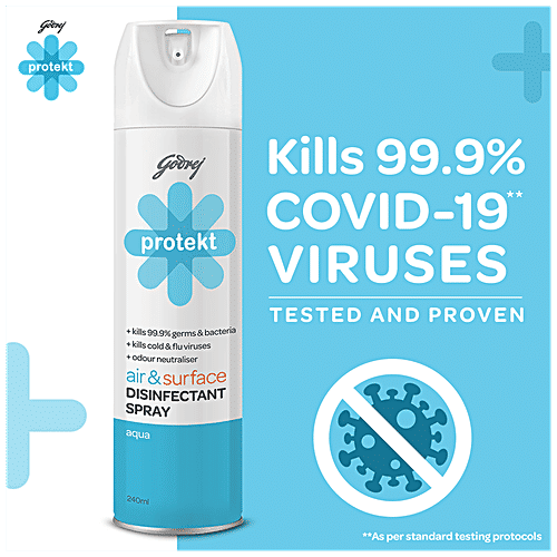 Godrej Protekt Disinfectant Spray - Air & Surface Sanitizer, Kills 99.9% Germs & Bacteria, Alcohol Based, Aqua Fragrance, 240 ml  Kills 99.9% Germs & Bacteria