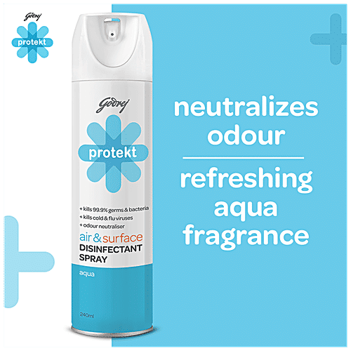 Godrej Protekt Disinfectant Spray - Air & Surface Sanitizer, Kills 99.9% Germs & Bacteria, Alcohol Based, Aqua Fragrance, 240 ml  Kills 99.9% Germs & Bacteria