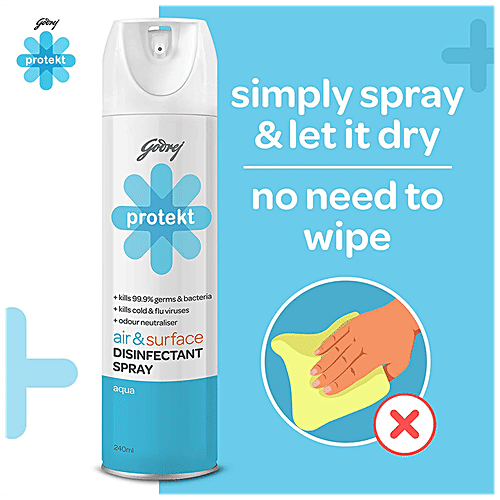 Godrej Protekt Disinfectant Spray - Air & Surface Sanitizer, Kills 99.9% Germs & Bacteria, Alcohol Based, Aqua Fragrance, 240 ml  Kills 99.9% Germs & Bacteria