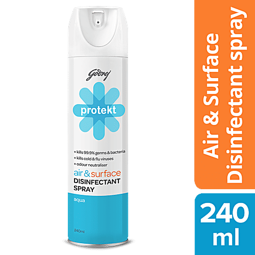 Godrej Protekt Disinfectant Spray - Air & Surface Sanitizer, Kills 99.9% Germs & Bacteria, Alcohol Based, Aqua Fragrance, 240 ml  Kills 99.9% Germs & Bacteria