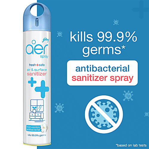 Godrej Aer Sanitizer Spray - Air & Surface Disinfectant, 99.9% Germ Protection, Alcohol Based, Long Lasting Fragrance, Cool Surf Blue, 240 ml