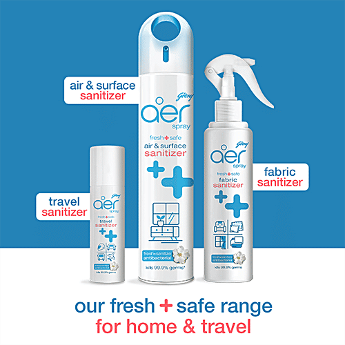 Godrej Aer Sanitizer Spray - Air & Surface Disinfectant, 99.9% Germ Protection, Alcohol Based, Long Lasting Fragrance, Cool Surf Blue, 240 ml