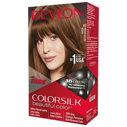 Revlon Colorsilk Permanent Hair Colour, 1 Pack, Medium Golden Brown 4G Enriched with Keratin, Ammonia Free & 3D Colour Gel Technology with 100% Grey Coverage