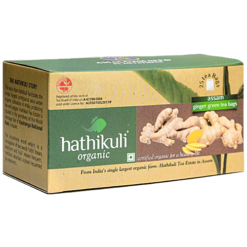 HATHIKULI ORGANIC Assam Ginger Green Tea, 50 g (25 Bags x 2 g each) Zero Trans Fat