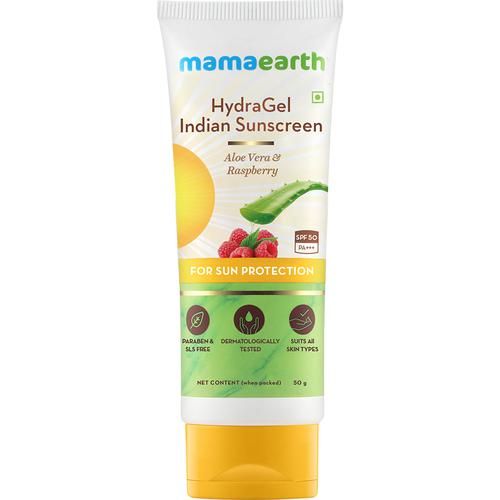Mamaearth HydraGel Indian Sunscreen SPF 50 With Aloe Vera & Raspberry For Sun Protection, 50 g  